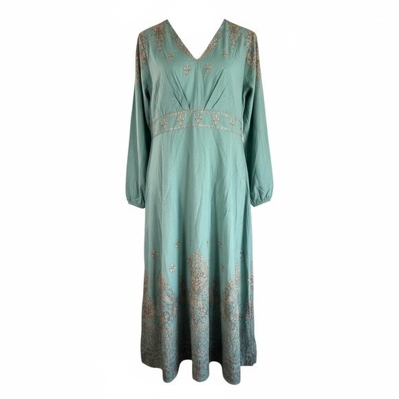 Bohemian Embroidered V Neck Maxi Dress Teal Long Sleeve Flowy Resortwear XL - Picture 2 of 8